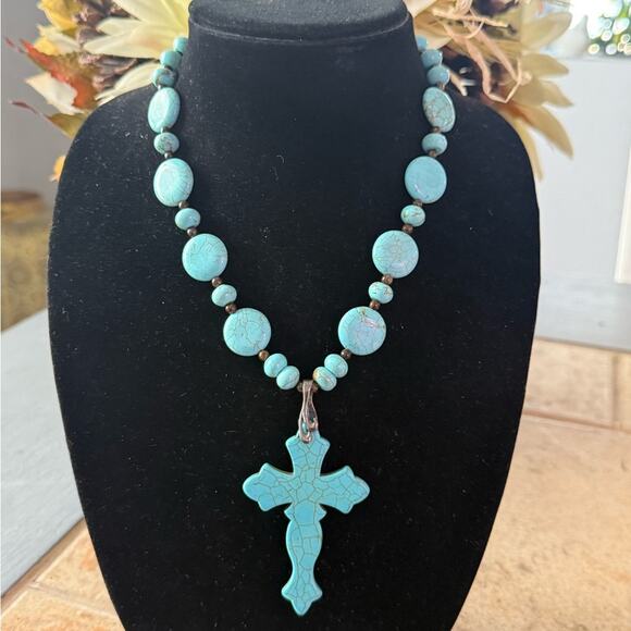 925 Sterling Silver Howlite Beaded Cross Pendant Necklace - Picture 4 of 12
